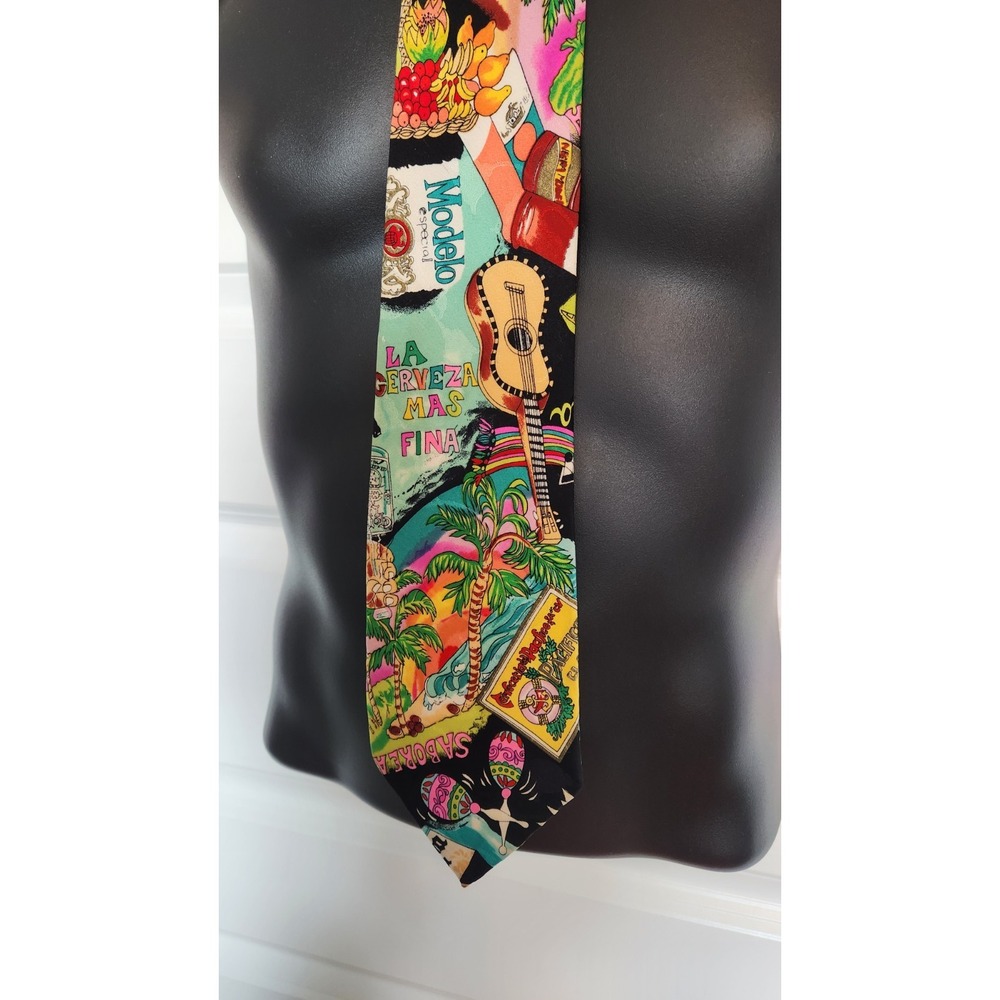 Vintage NICOLE MILLER 1991 Silk Tie Mexico Cerveza Beer Modelo Fiesta Hand Sewn - Picture 6 of 13